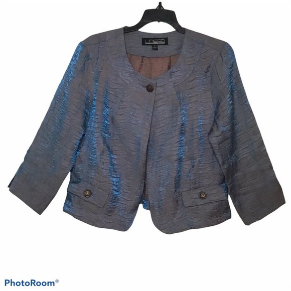 Linear Iridescent Blue Pleated Cropped One Button Jacket Blazer Ladies Small - Picture 1 of 10